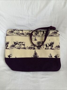 Lands’ End Canvas Wristlet Pouch Woodland Toile in Cream and Deep Purple